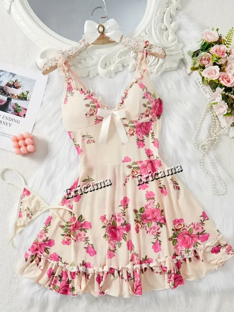 Damesondergoed Sexy bh en slipje Sets Kanten ruches Lingerie Set Diepe V-slipdress String Sexy dameslingerie
