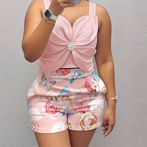 2-delige outfit 3D-bloem dikke riem strass decor gesmokte crop tank en casual bloemenprint shorts set met zakken