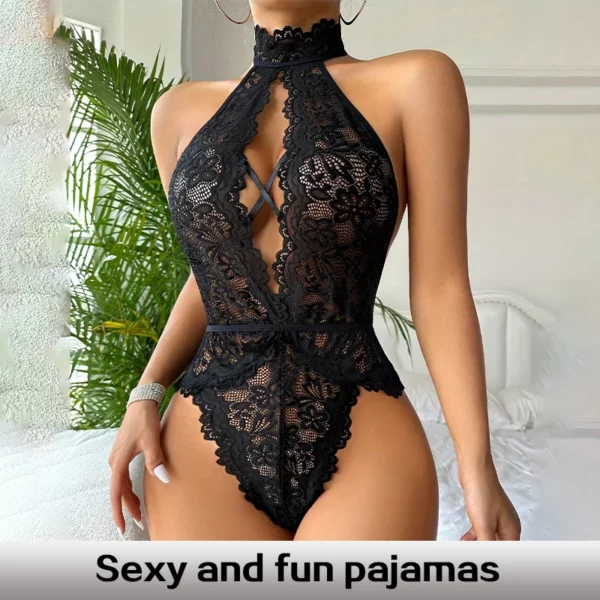 Sexy Dames Uitgeholde Rugloze Hemd Jumpsuit Klassieke Sexy Kanten Bloem Mouwloze Sexy Lingerie