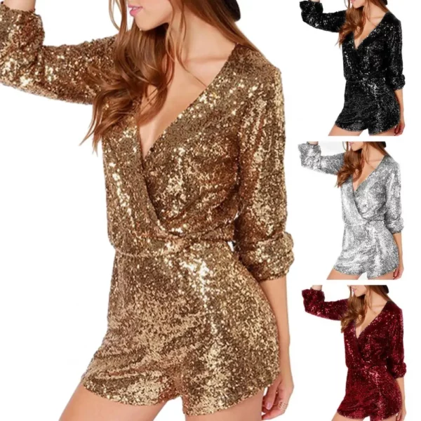 Vrouwen Romper Glanzende Lovertjes Jumpsuit Sexy Paillette Spot Goud Zilver Rompertjes Diepe V-Hals Short Vrouwelijk Dansavondfeest Overall
