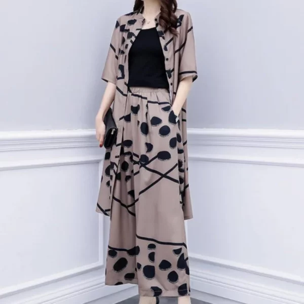 Dames zomer 2025, nieuwe Koreaanse stijl, casual plus size chic chiffon vest, top en wijde pijpen broek, mode tweedelige set