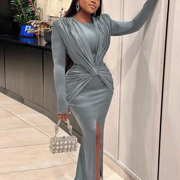 kliou Elegante Effen Maxi Jurk Vrouwen Klassieke Cross Ruches Lange Mouw Split Lichaam vormgeven Gewaad Vrouwelijke High Street Party vestidos