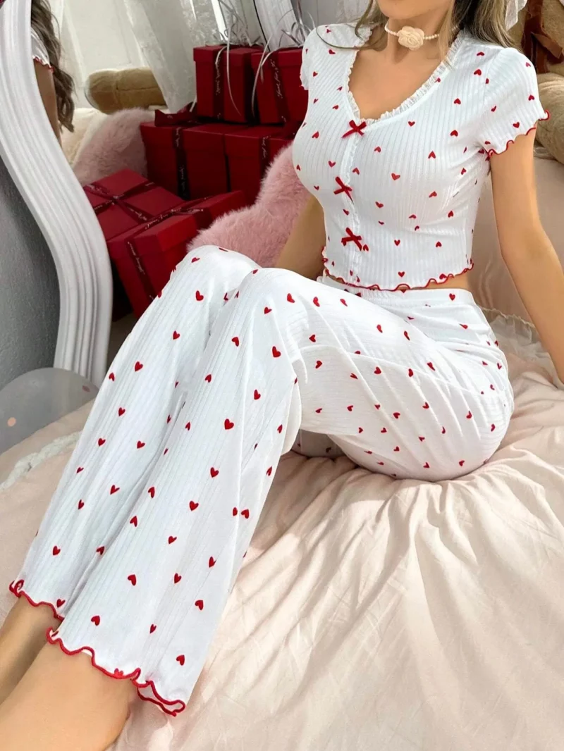 Hartprint geribbelde ruches pyjamaset voor dames nachtkleding gebreide v-hals losse tops elastische lange broek herfst winterkleding - Image 3