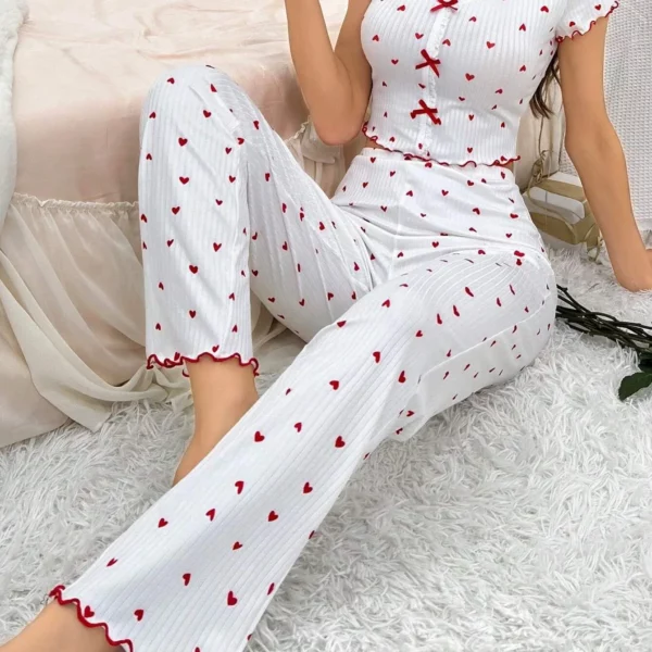 Hartprint geribbelde ruches pyjamaset voor dames nachtkleding gebreide v-hals losse tops elastische lange broek herfst winterkleding