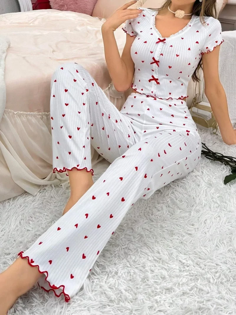 Hartprint geribbelde ruches pyjamaset voor dames nachtkleding gebreide v-hals losse tops elastische lange broek herfst winterkleding