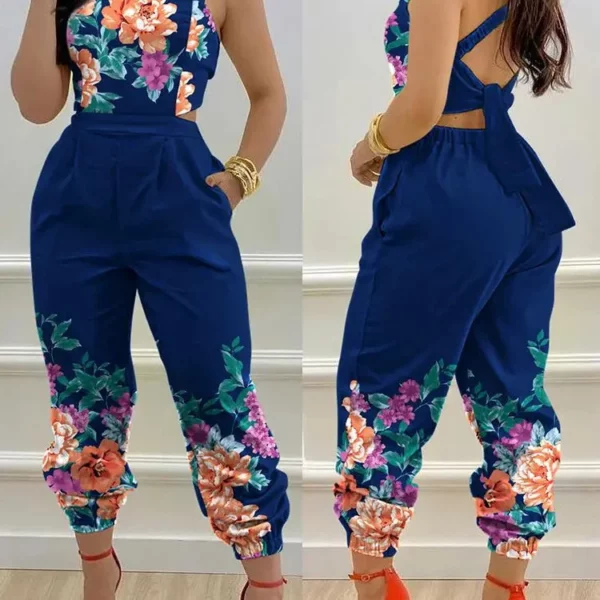 Nieuwe zomermode bedrukte mouwloze jumpsuit sexy holle backless lange jumpsuits met veters elegante casual jumpsuit met zak