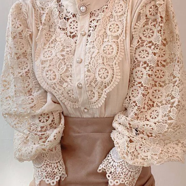 Vrouwen Chiffon Button Coltrui Chic Elegante Bloemen Kant Pluizige Lange Mouw Top Fashion Hollow Oversize Witte Blouse 2025