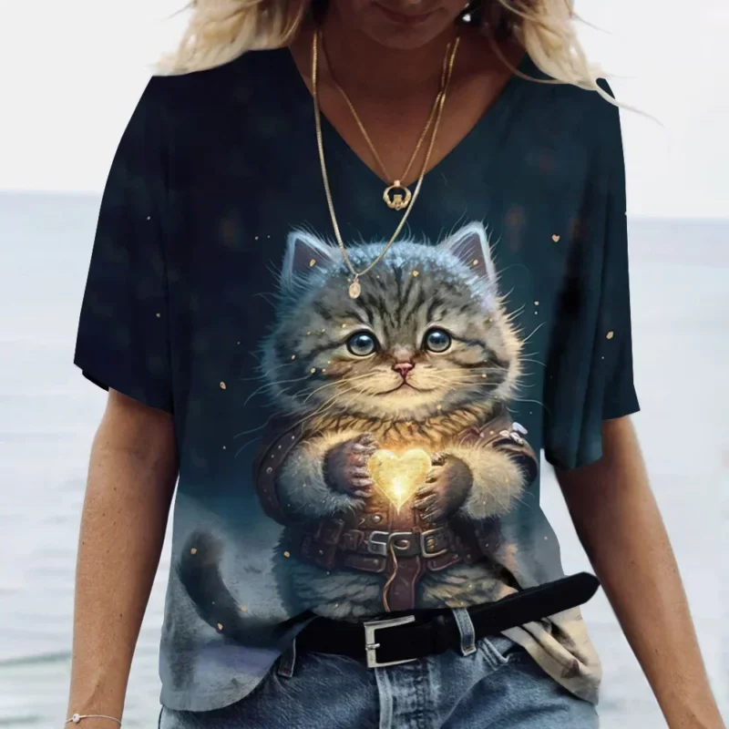 Dames T-Shirt Kawaii Cat Print 3d T-Shirt Top Meisjes Y 2K Kleding Zomer Korte Mouw T-Shirts V-Hals Casual Vakantie Dames T-Shirt - Image 4