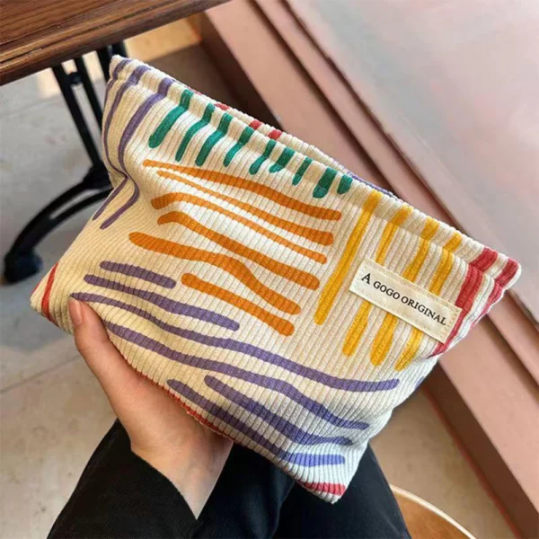 Colorful Stripes Corduroy Cosmetic Bag Portable Travel Toiletry Bag Skincare Sundries Aesthetic Makeup Storage Bag,A-DH