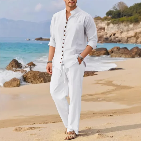 2025 Lente en herfst Cubaanse stijl mode herenoverhemd trend casual multi-knop opstaande kraag losse broek met lange mouwen strandpak