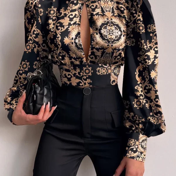 Lente Vrouwen Sexy Backless Hollow Print Shirts Tops 2024 Casual Stand Lange Mouw Kantoor Dame Blouses Fashion Party Crop Top