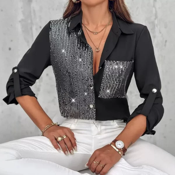 Roll Tab Mouw Button Down Contrast Pailletten Shirt Dames Zomer Mode Casual Shirt Top Blouse