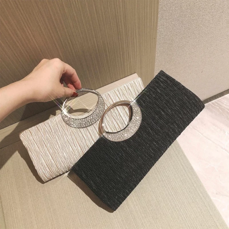 Vrouwen Strass Cirkel Handtas Effen Kleur Geplooide Vierkante Bankettassen Amerikaanse Mode Elegante Dame Dinertas - Image 2