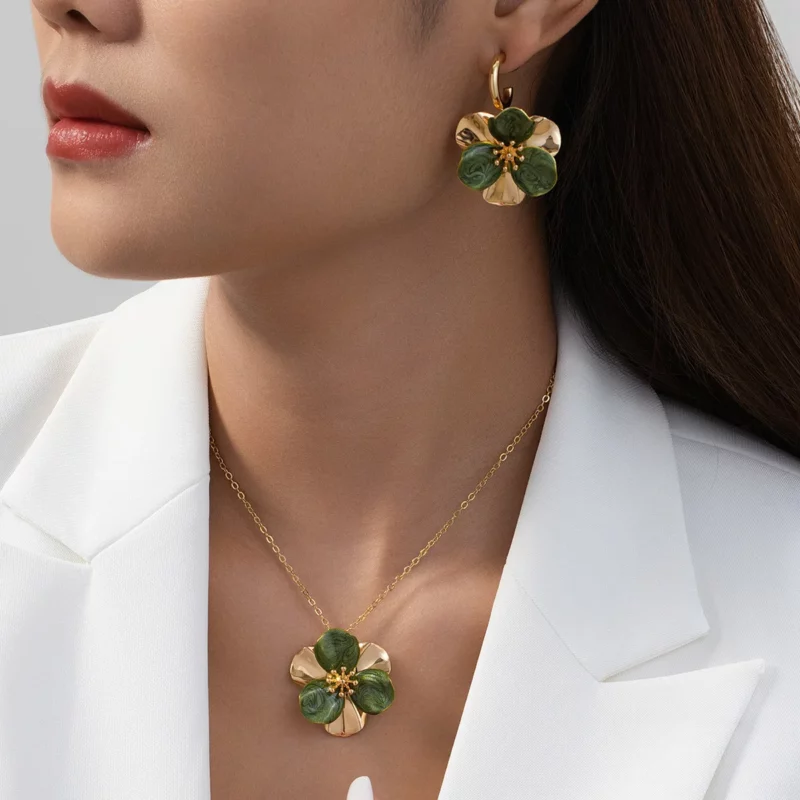 Trendy Sieraden Set Voor Vrouwen Meisjes Gekleurde Olie Drip Bloem Ketting Bloemen Oorbellen Holiday Party OL Gift Mode AS020 - Image 2