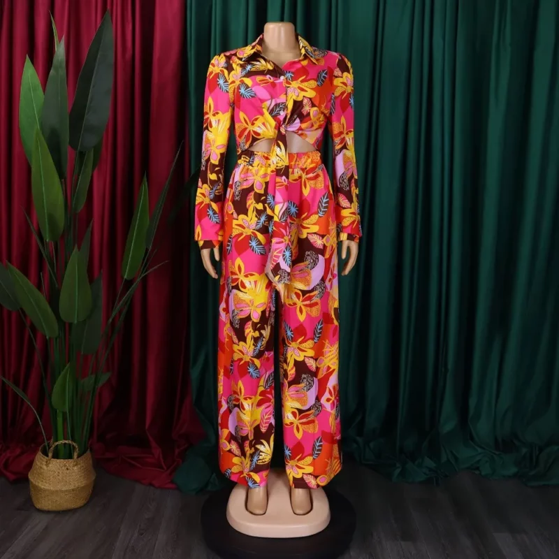 2023 Lente Zomer Nieuwe Lange Mouwen Gedrukt Pak Voor Vrouwen Mode Revers Single Breasted Shirt Wijde Pijpen Broek Tweedelige Set - Image 6
