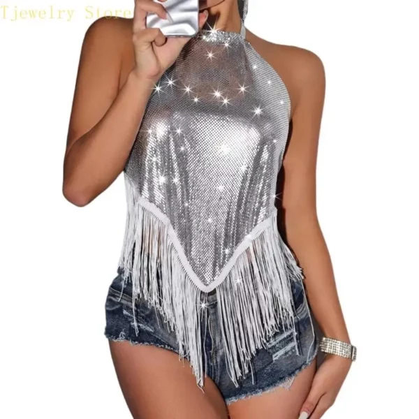 634d Dames sprankelende pailletten Kranden rand halter top festives nachtclub slijtage