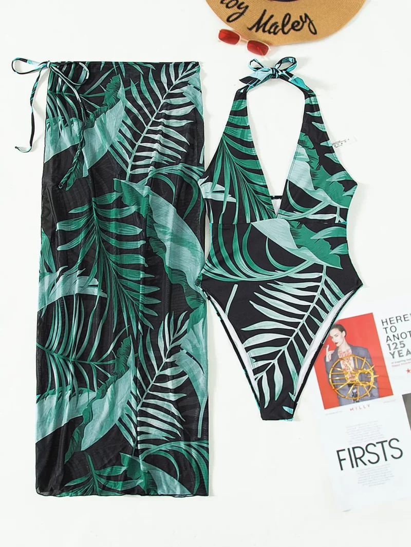 2025 Plant Print Halter Eendelig Badpak & Strandrok Sexy Badmode Vrouwen Badpak Vrouwelijke Zwemmen Zomer Strandkleding - Image 2