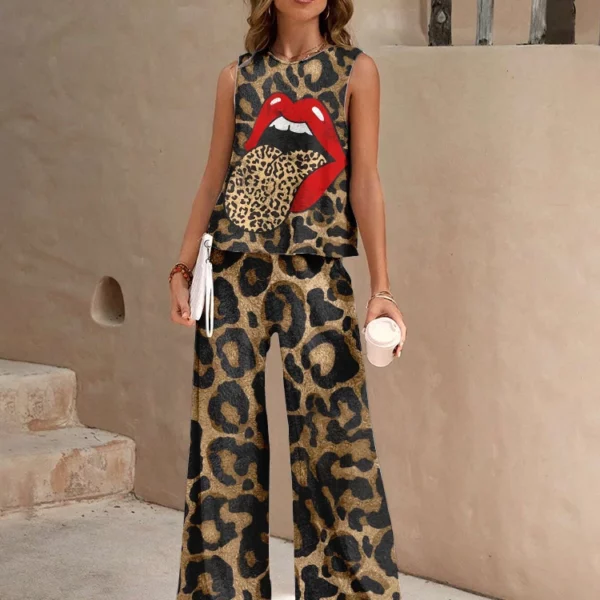 Mode luipaardprint zomer dames alledaagse casual tanktop en broek set stedelijke straatmode broek dameskleding 2-delige set